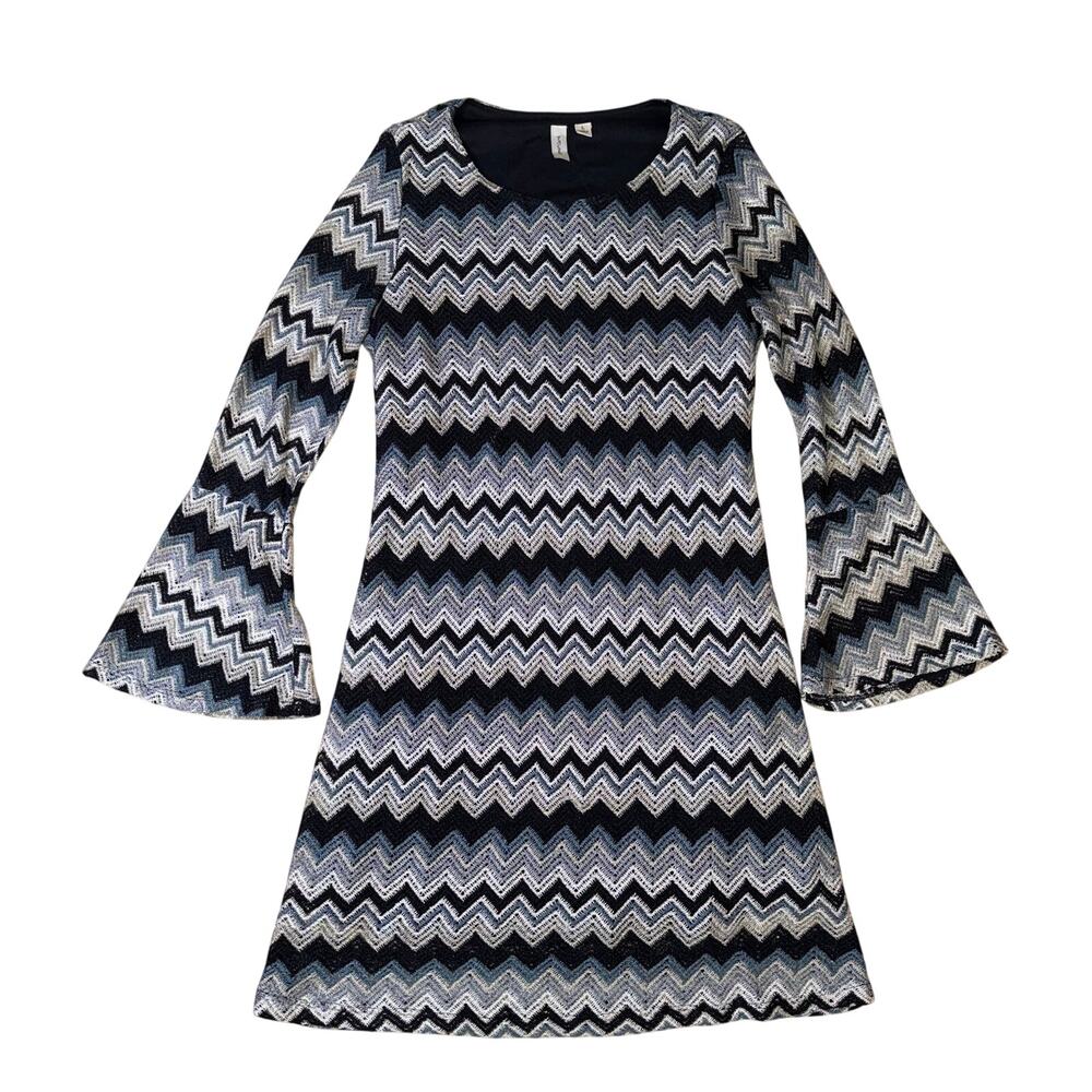 Tacera‎ Chevron Bell Sleeve Dress Blue Black Crochet Knit Shift Mod Boho L